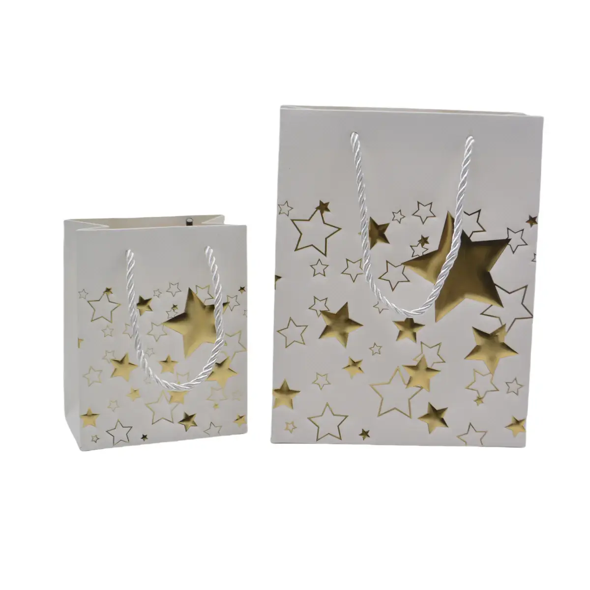 Sacs pelliculés blancs embossés étoiles or poignées cordelette 18+10x23 cm 210g/m² – Paquet de 20 - Sacs pelliculés à motifs-2