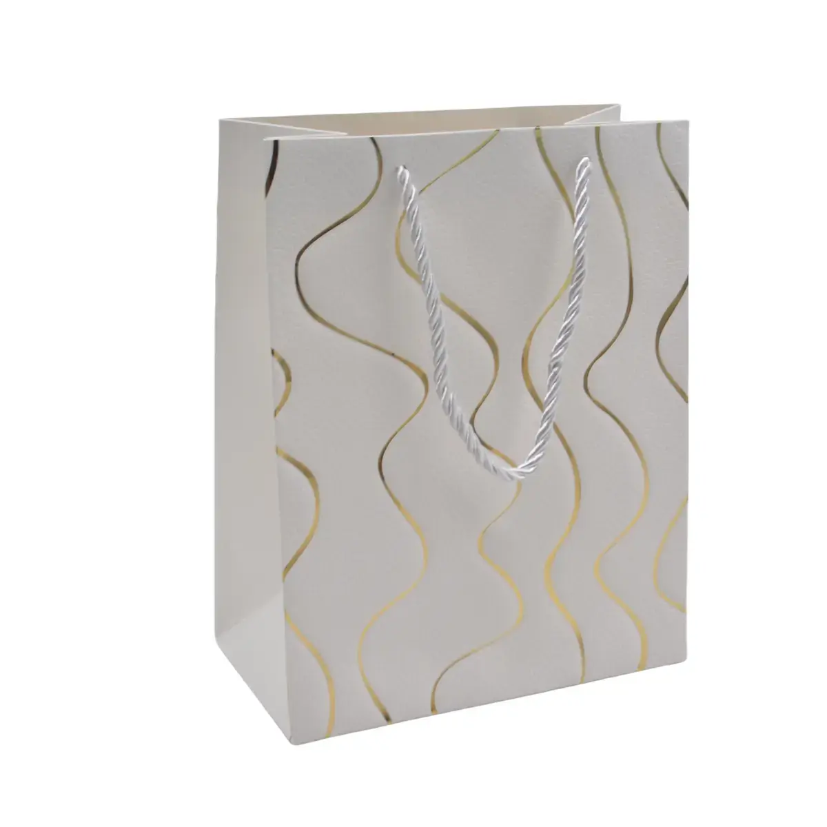 Sacs pelliculés blancs embossés vagues or poignées cordelette 18+10x23 cm 210g/m² – Paquet de 20 - Sacs pelliculés à motifs