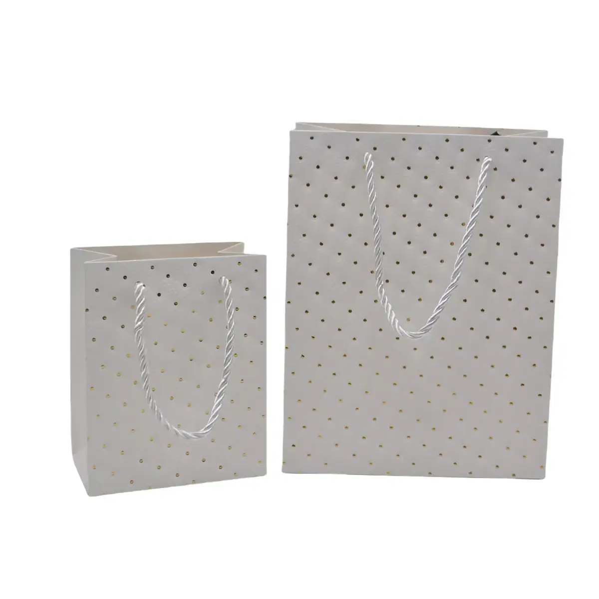 Sacs pelliculés blancs embossés pois or poignées cordelette 12+7x15 cm 210g/m² – Paquet de 20 - Sacs pelliculés à motifs-2