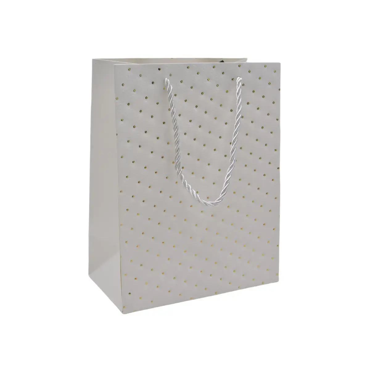 Sacs pelliculés blancs embossés pois or poignées cordelette 18+10x23 cm 210g/m² – Paquet de 20 - Sacs pelliculés à motifs
