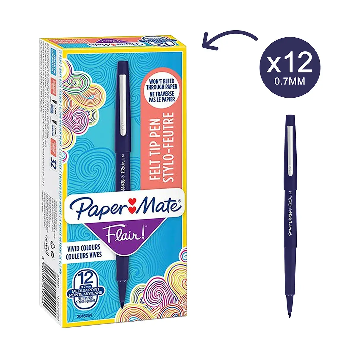 Stylo feutre Paper Mate Flair Bleu, feutre fin pointe moyenne 0,7mm - Pack de 12 - Stylos feutres-2