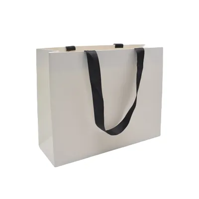 Sacs pelliculés blancs à poignées ruban noires – 32 x 11 x 25 cm – Paquet de 10 - Sacs pelliculés unis, poignées ruban