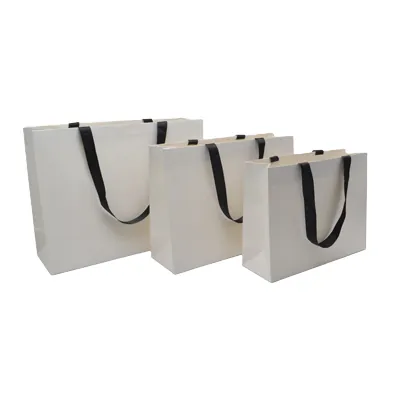 Sacs pelliculés blancs à poignées ruban noires – 38 x 12 x 28 cm – Paquet de 10 - Sacs pelliculés unis, poignées ruban-2
