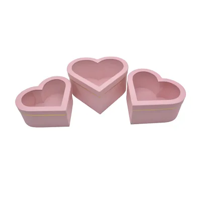 Boîte cœur en carton avec fenêtre, rose avec liseré doré 28,5 x 26,3 x13 cm - Lot de 2 - Boites cloches-2