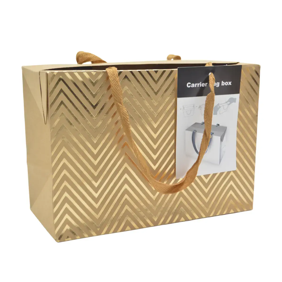 Boîte cadeau carton à poignées et chevrons or 23x11x16 cm - Valisette carton – Lot de 10 - Boites carton avec poignée