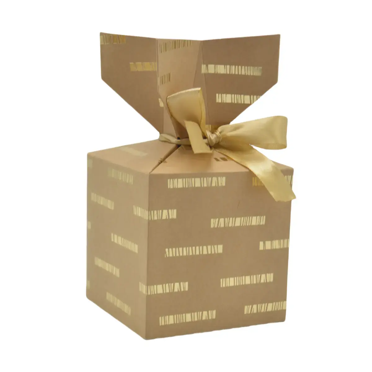 Boîte cadeau pliable kraft avec noeud intégré à rayures or parsemées 10x10x10 cm - Boite cadeau origami - Lot de 20 - Boites cadeaux carton pliables