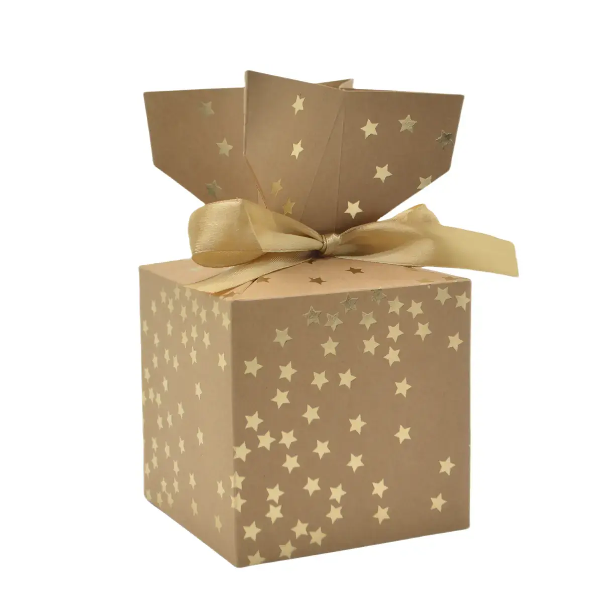 Boîte cadeau pliable kraft avec noeud intégré constellation d'étoiles or 10x10x10 cm - Boite cadeau origami - Lot de 20 - Boites cadeaux carton pliables