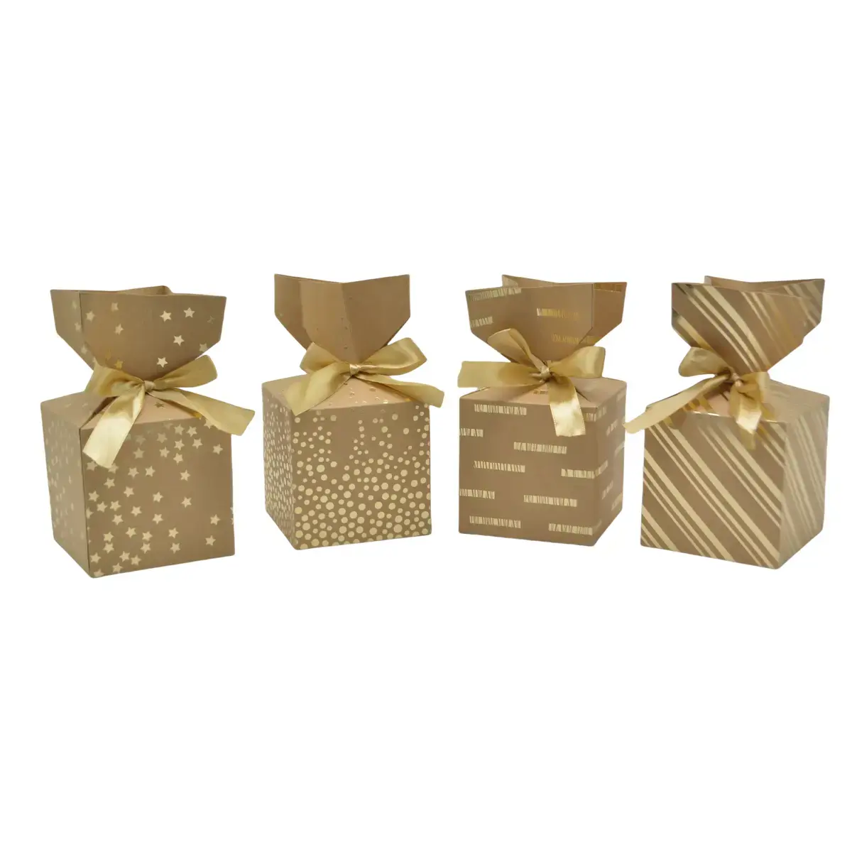 Boîte cadeau pliable kraft avec noeud intégré à rayures or 10x10x10 cm - Boite cadeau origami - Lot de 20 - Boites cadeaux carton pliables-2