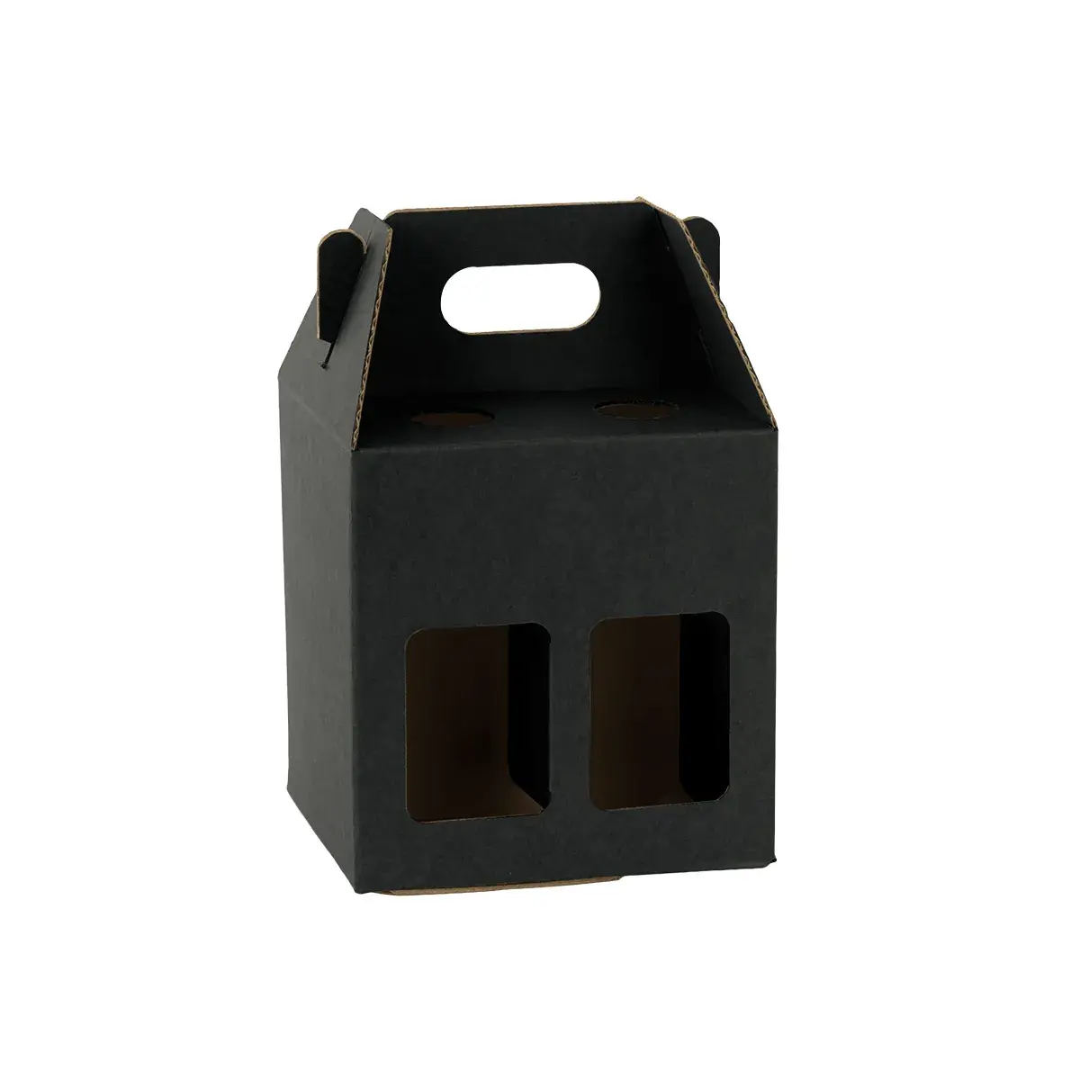 Étui 4 bières kraft noir à fenêtre avec poignée 13x13x21cm - Lot de 30 - Mètres de bières, Emballages pour bouteilles de bières