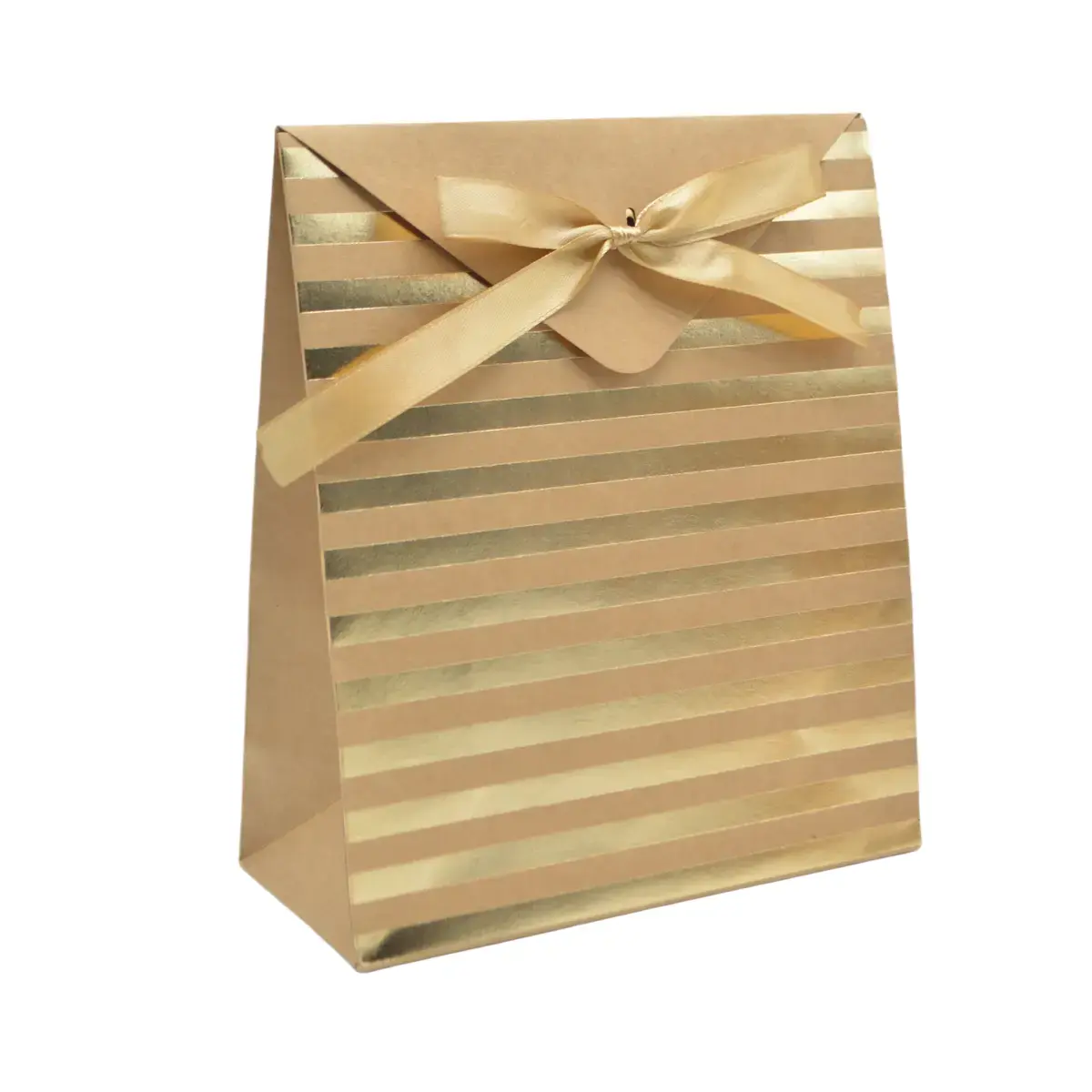 Pochette cadeau papier kraft brun à rayures or avec rabat et ruban satiné 18x8x21cm – Paquet de 20 - Pochettes cadeaux luxe