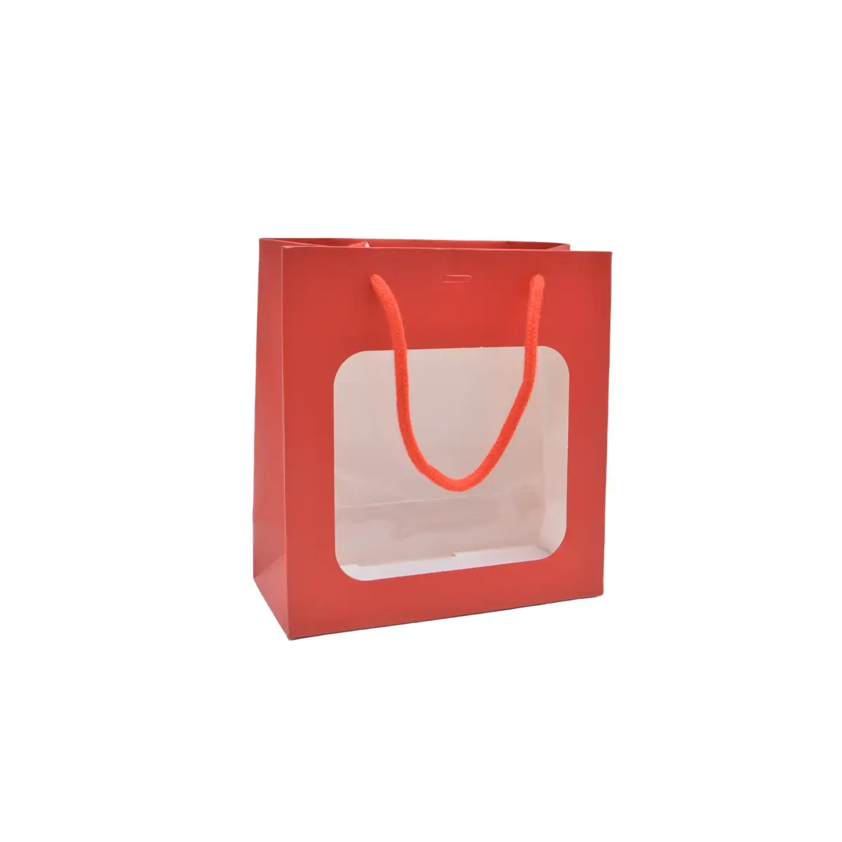 Sac pelliculé rouge mat à fenêtre 18 x 8 x 19 cm poignées cordelettes - Lot de 20 - Sacs pelliculés poignées cordelette
