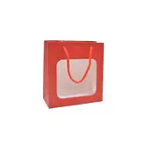 Sac pelliculé rouge mat à fenêtre 18 x 8 x 19 cm poignées cordelettes - Lot de 20 - Sacs pelliculés poignées cordelette