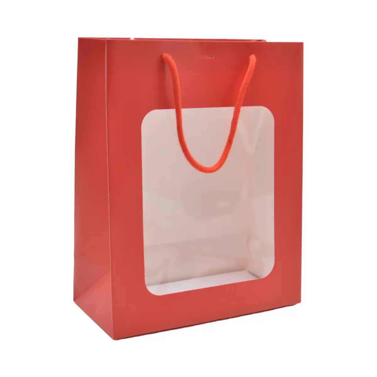 Sac pelliculé rouge mat à fenêtre 22 x 11 x 28 cm poignées cordelettes - Lot de 20 - Sacs pelliculés poignées cordelette