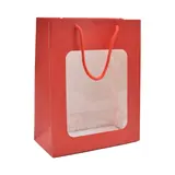 Sac pelliculé rouge mat à fenêtre 22 x 11 x 28 cm poignées cordelettes - Lot de 20 - Sacs pelliculés poignées cordelette