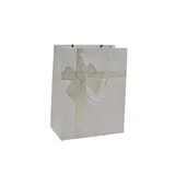 Sacs pelliculés blancs embossés nœud or poignées cordelette 12+7x15 cm 210g/m² – Paquet de 20
