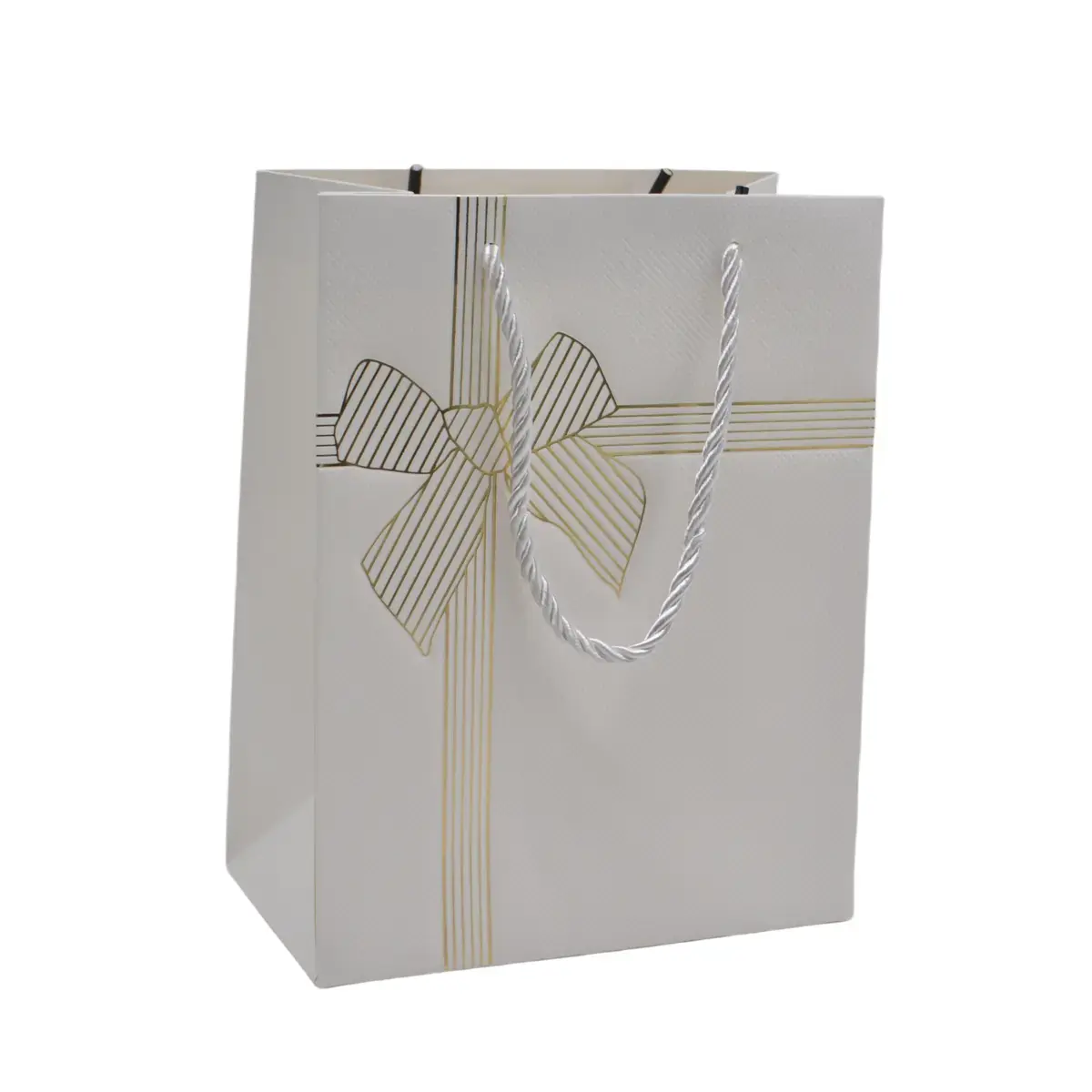 Sacs pelliculés blancs embossés nœud or poignées cordelette 18+10x23 cm 210g/m² – Paquet de 20 - Sacs pelliculés à motifs