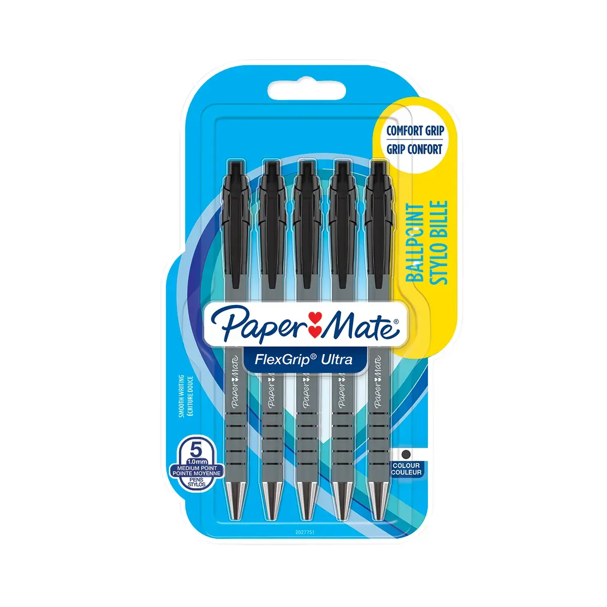 Stylo bille Papermate Flexgrip Ultra noir rétractable pointe moyenne 1 mm - Pack de 5 - Stylos billes-5