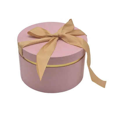Boîte cadeau ronde rose avec noeud ruban et liseré or en carton ø22,7x14 cm - Lot de 2 - Boites cloches