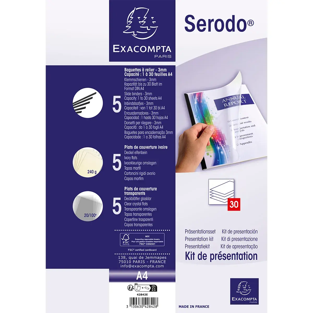 Kit reliure manuelle Serodo pour 5 dossiers 30 feuilles (5 baguettes à relier 3 mm noir, plats de couverture : 5 ivoire et 5 cristal) - Relieuses-4