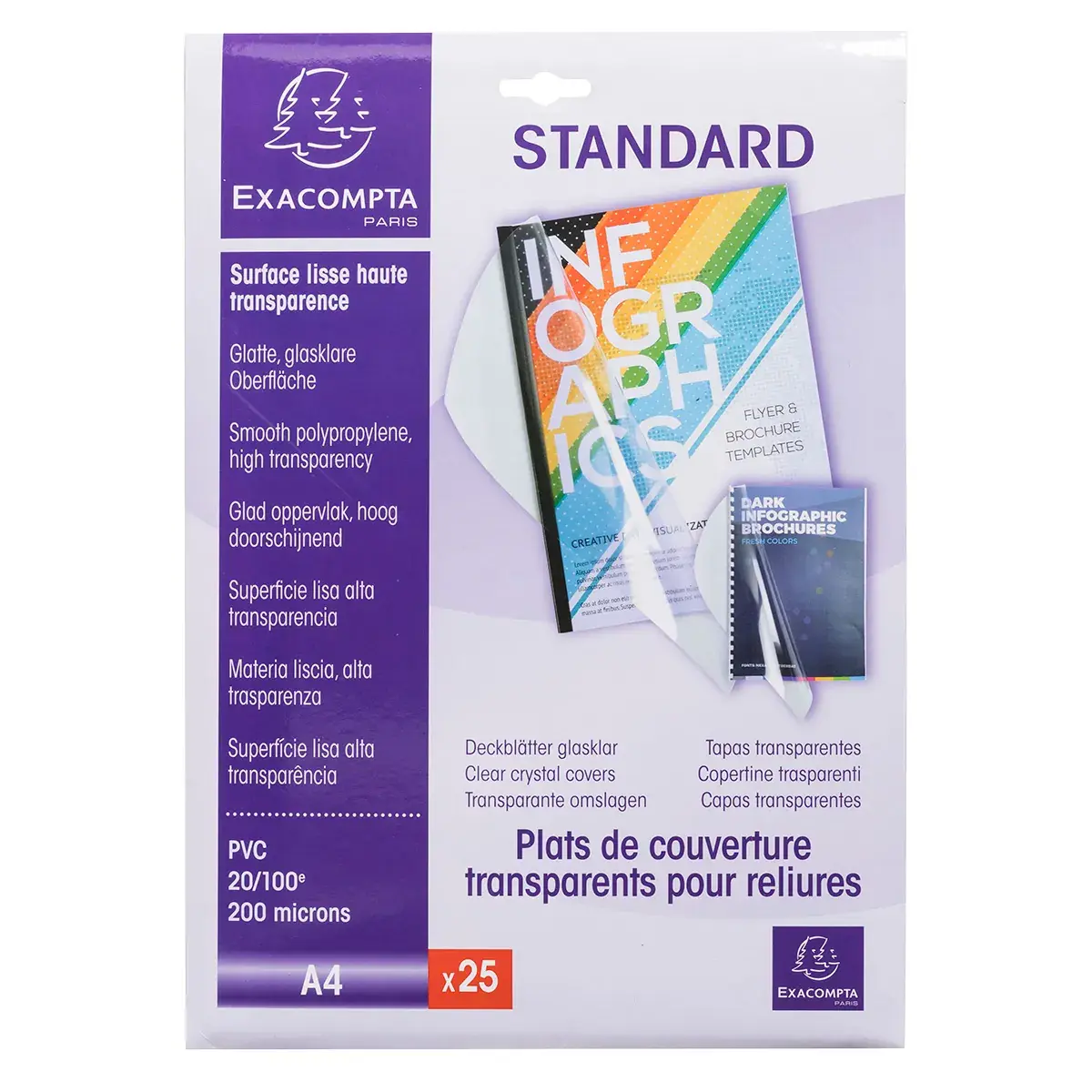 Couverture pour reliure A4 PVC 20/100e Exacompta - Plat pour relier - Transparent - Paquet de 25 - Relieuses perforeuses, Baguettes reliures, Couvertures reliures