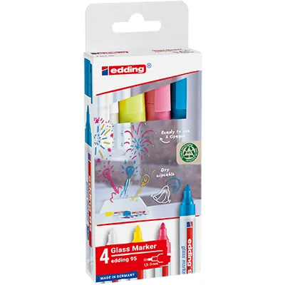 4 Marqueurs pour verre Edding 95 assortis clairs – Blanc, jaune, rose, bleu clair – Pointe 1,5–3 mm - Marqueurs