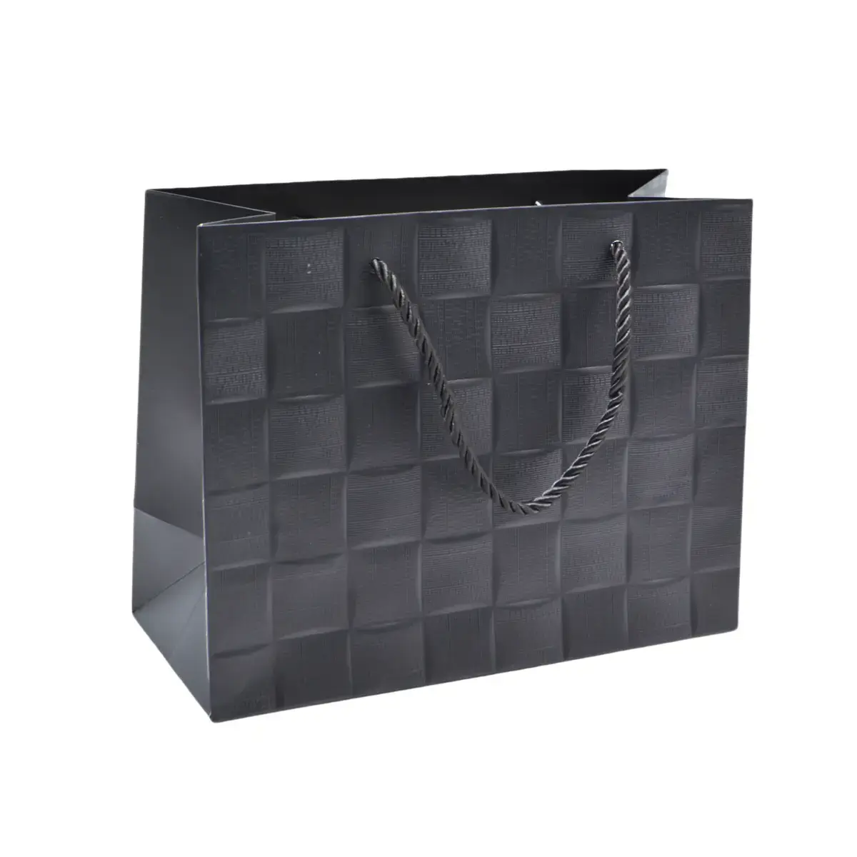 Sacs pelliculés noirs embossés tressés poignées cordelette 31+12x26 cm 210g/m² – Paquet de 20 - Sacs pelliculés à motifs