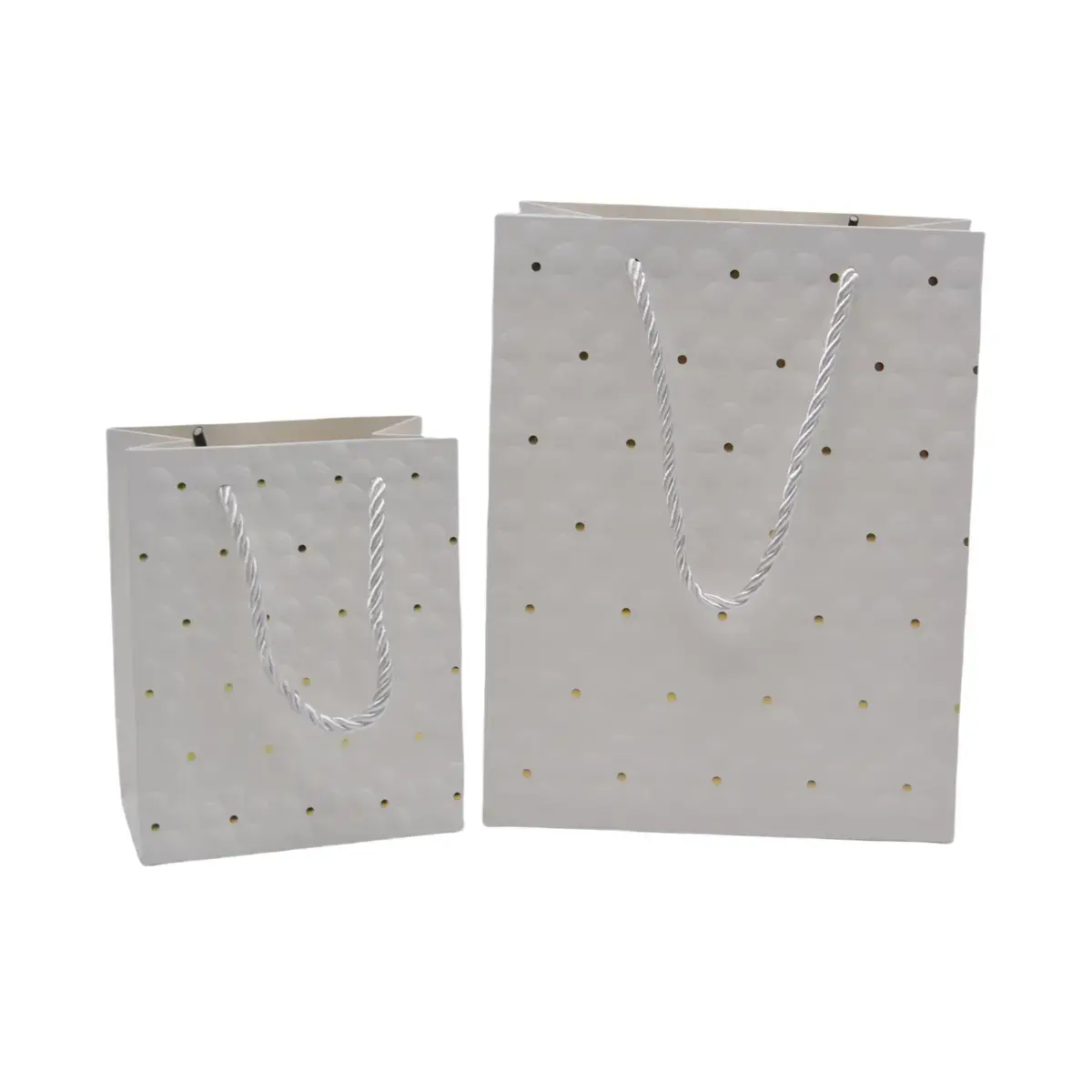 Sacs pelliculés blancs embossés fleurs pois or poignées cordelette 12+7x15 cm 210g/m² – Paquet de 20 - Sacs pelliculés à motifs-2
