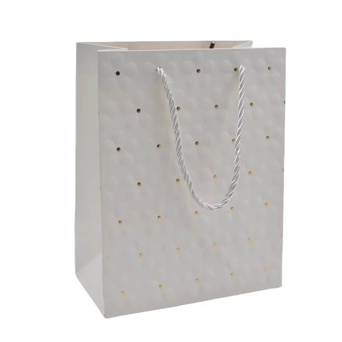 Sacs pelliculés blancs embossés fleurs pois or poignées cordelette 18+10x23 cm 210g/m² – Paquet de 20 - Sacs pelliculés à motifs