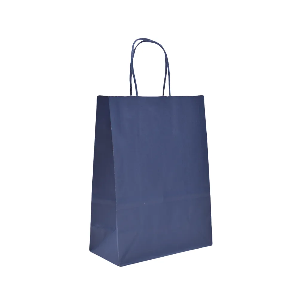 Sacs kraft bleu marine poignées torsadées 26+12x33 cm – Paquet de 100 - Sacs kraft couleur poignées torsadées