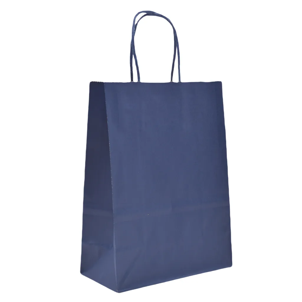 Sacs kraft bleu marine poignées torsadées 35+14x42,5 cm – Paquet de 50 - Sacs kraft couleur poignées torsadées