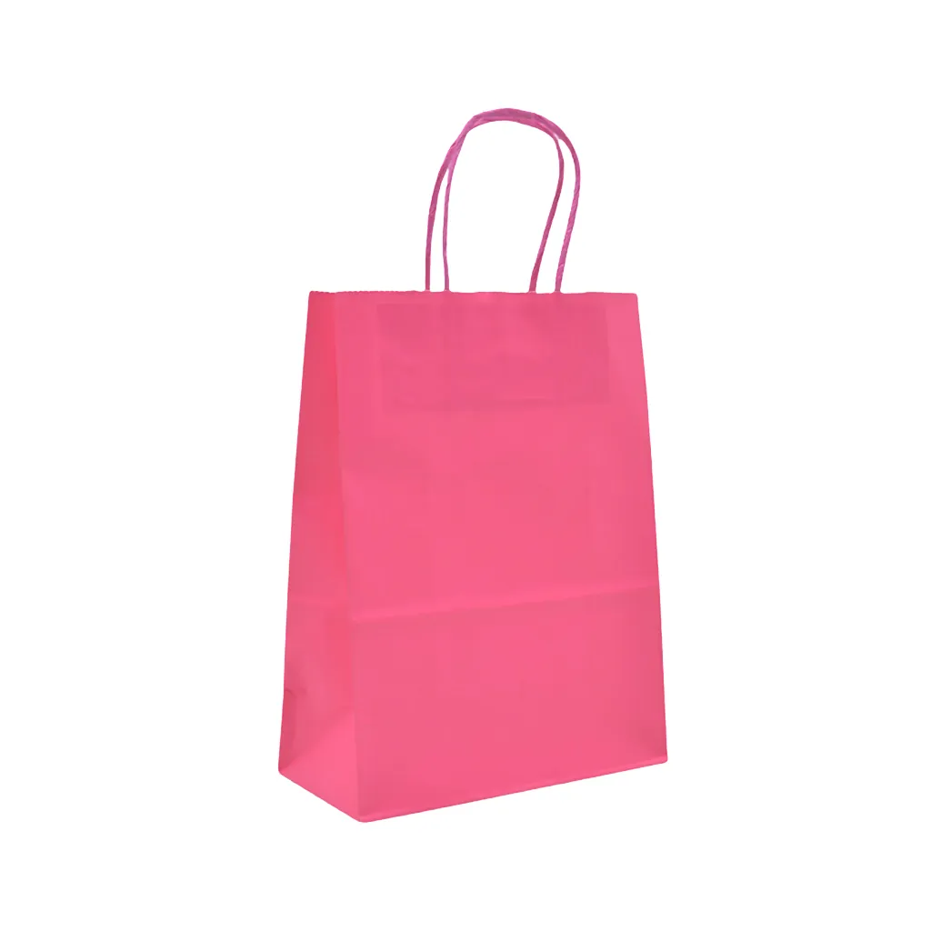 Sacs kraft rose foncé poignées torsadées 26+12x33 cm – Paquet de 100 - Sacs kraft couleur poignées torsadées