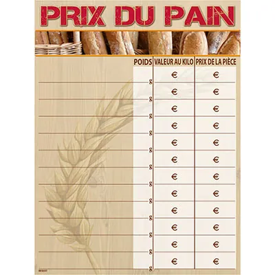 Panneau de tarif Prix du pain 30 x 40 cm PVC avec chiffres et feutre - Affichage Prix et tarifs