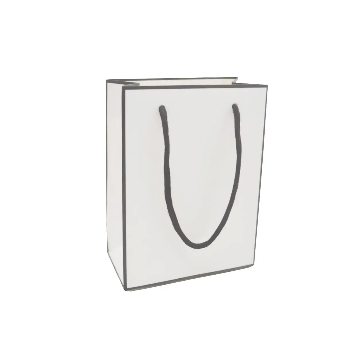 Sac papier pelliculé blanc à liseré noir L 12 x P 6 x H 16 cm – 230 g/m² – Paquet de 20 - Sacs pelliculés poignées cordelette