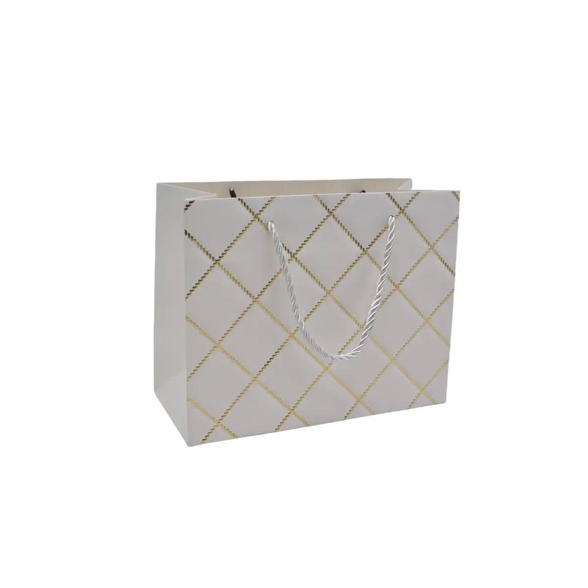 Sacs pelliculés blancs embossés carreaux or poignées cordelette 15+7x12 cm 210g/m² – Paquet de 20 - Sacs pelliculés à motifs