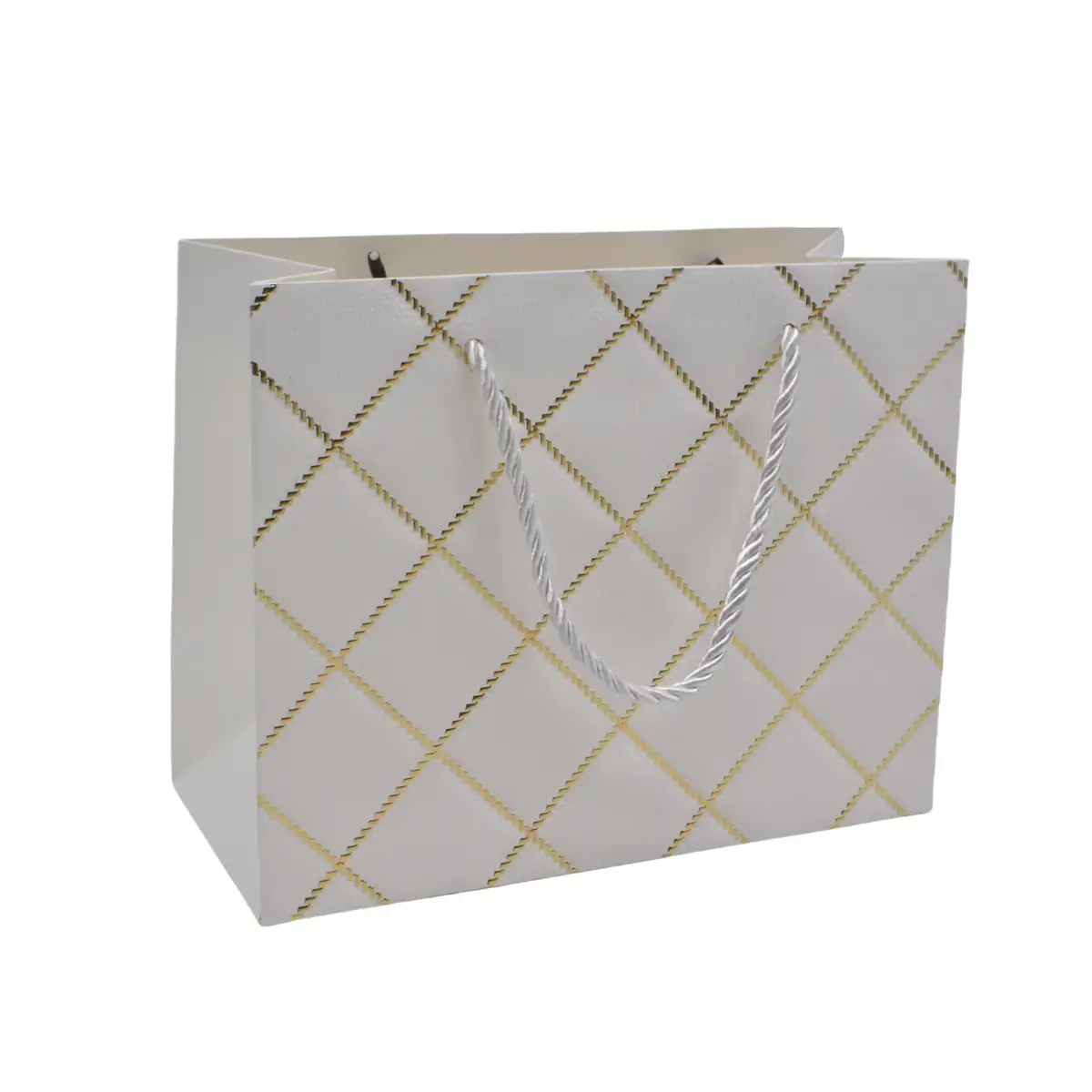 Sacs pelliculés blancs embossés carreaux or poignées cordelette 23+10x18 cm 210g/m² – Paquet de 20 - Sacs pelliculés à motifs