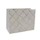 Sacs pelliculés blancs embossés carreaux or poignées cordelette 23+10x18 cm 210g/m² – Paquet de 20