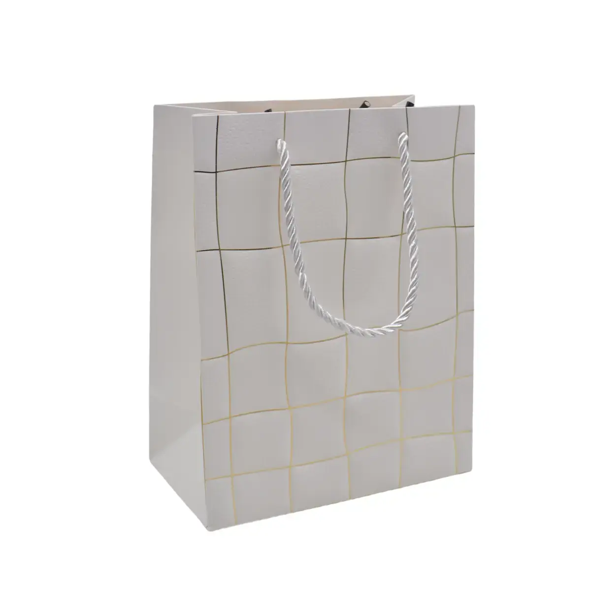 Sacs pelliculés blancs embossés carreaux vagues or poignées cordelette 18+10x23 cm 210g/m² – Paquet de 20 - Sacs pelliculés à motifs