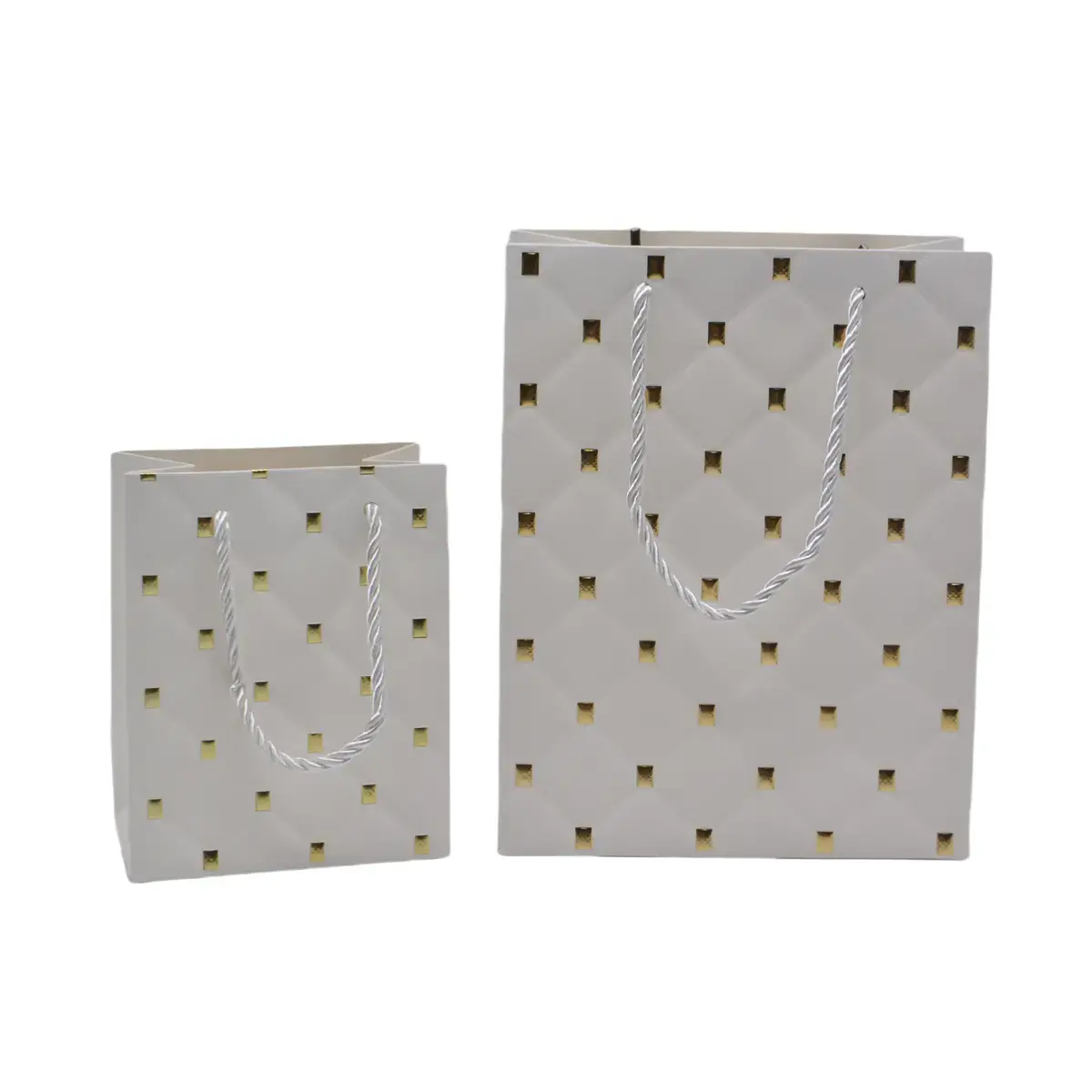 Sacs pelliculés blancs embossés losanges or poignées cordelette 12+7x15 cm 210g/m² – Paquet de 20 - Sacs pelliculés à motifs-2