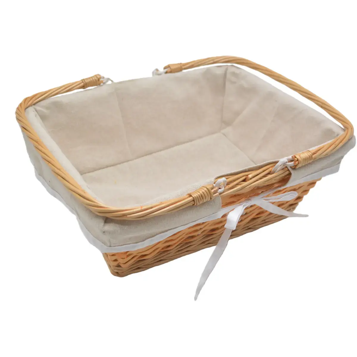 Panier en osier avec double anses rabattables et tissu beige 35 x 27 x 13 cm - Paniers à garnir-2