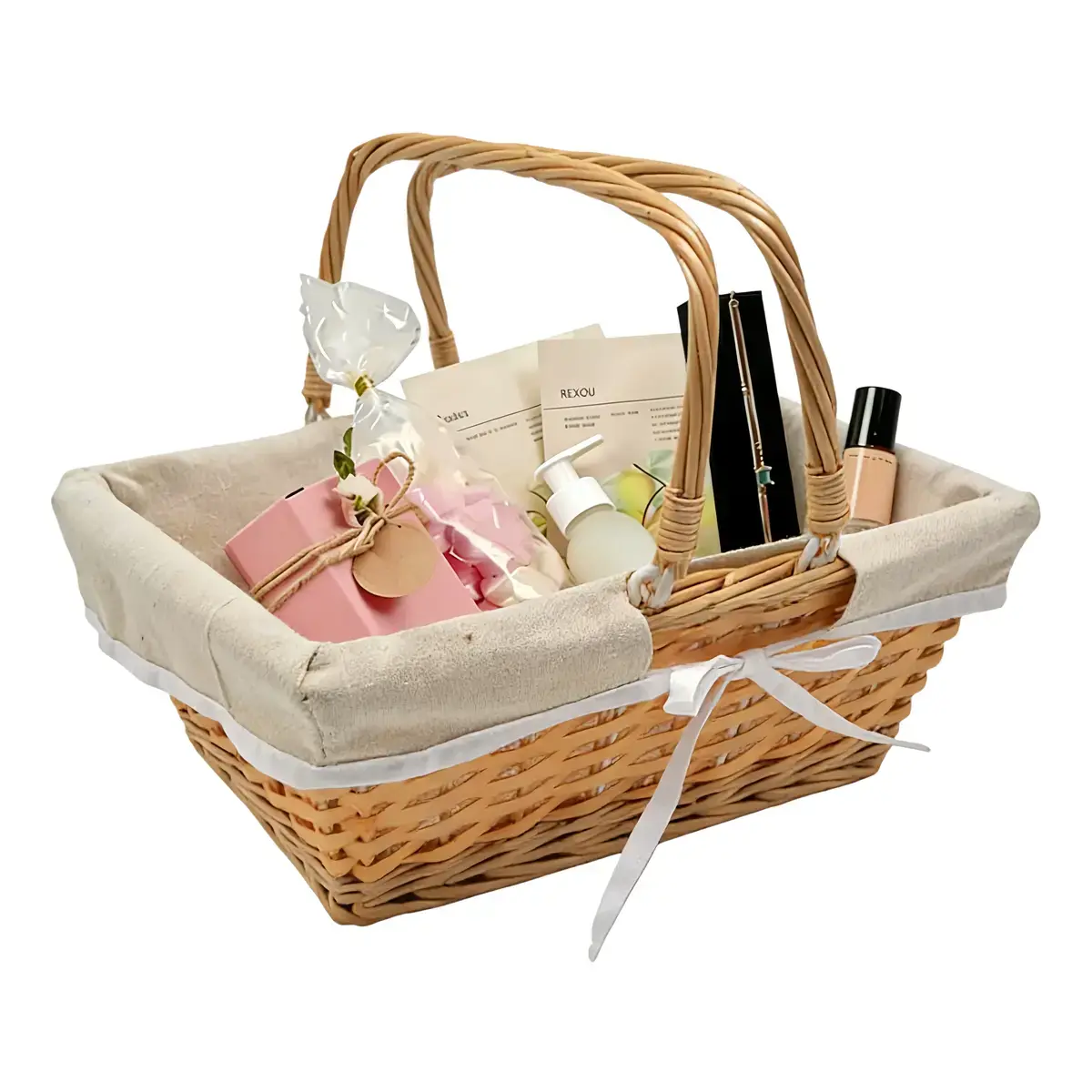 Panier en osier avec double anses rabattables et tissu beige 35 x 27 x 13 cm - Paniers à garnir-4