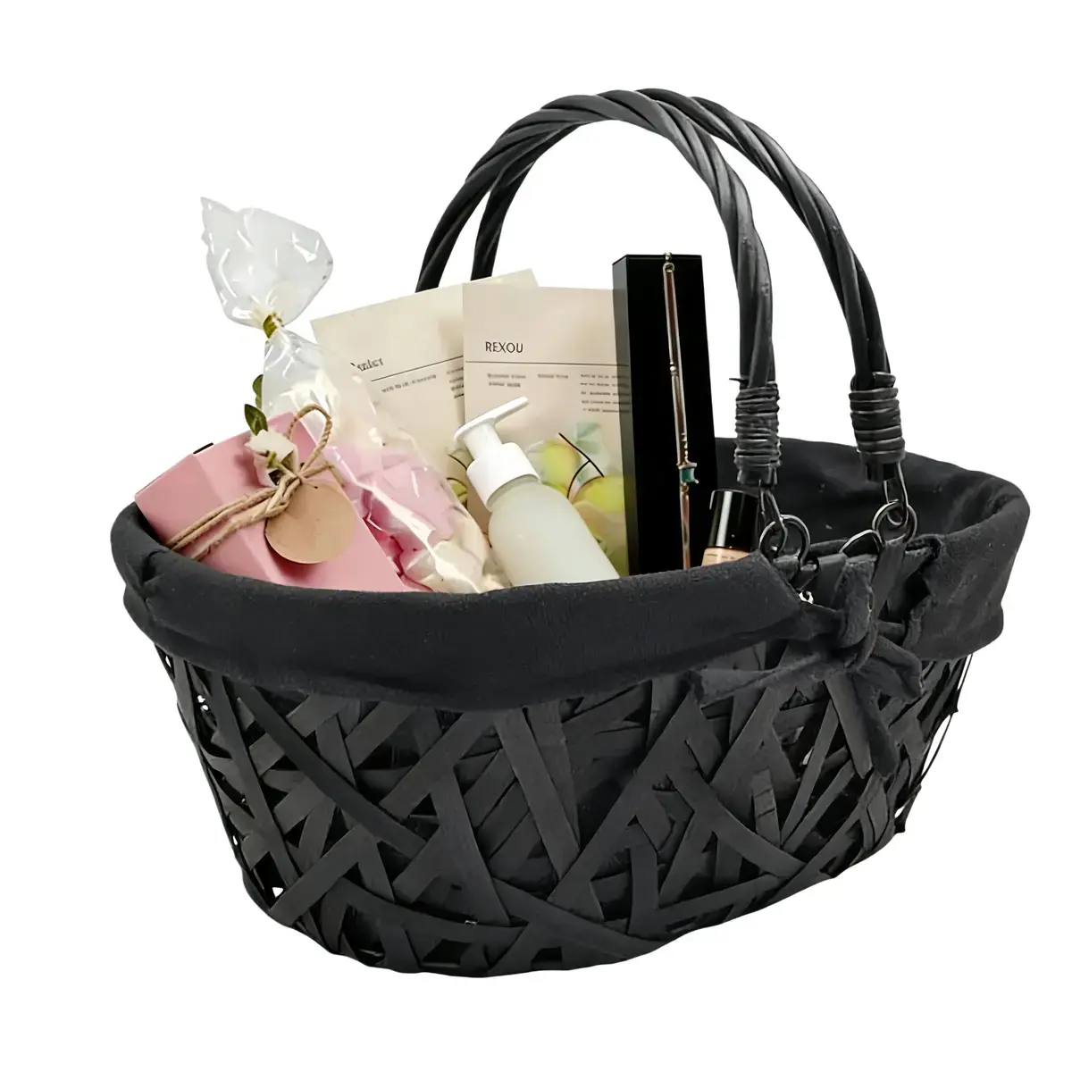 Panier en osier noir avec double anses rabattables et tissu noir 36 x 28 x 15 cm - Paniers à garnir-3