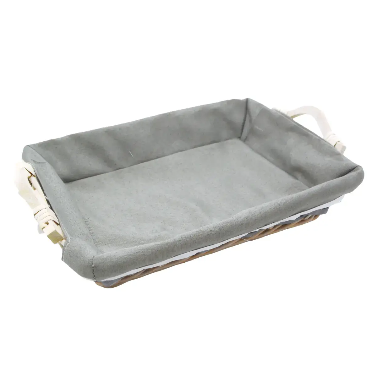 Corbeille osier rectangulaire avec tissu gris et poignées bois 38 x 27 x 8 cm - Panier osier rectangulaire avec tissu et poignées - Corbeilles osier-2