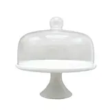 Cloche à gâteau en verre sur pied céramique ø 29,5 x H 30 cm - Présentoir gâteau sur pied - Blanc - Emballage alimentaire