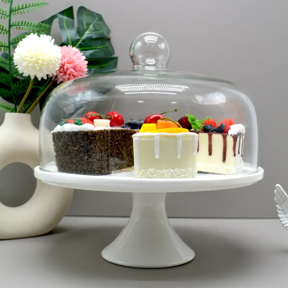 Cloche à gâteau en verre sur pied céramique ø 29,5 x H 30 cm - Présentoir gâteau sur pied - Blanc - Cloches à gâteaux, Présentoirs gâteaux-2
