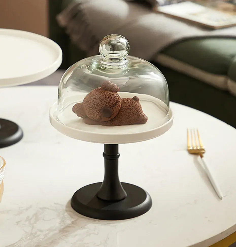 Cloche à gâteau en verre sur pied céramique ø 17,5 x H 26 cm - Présentoir gâteau sur pied - Blanc / Noir - Cloches à gâteaux, Présentoirs gâteaux-2