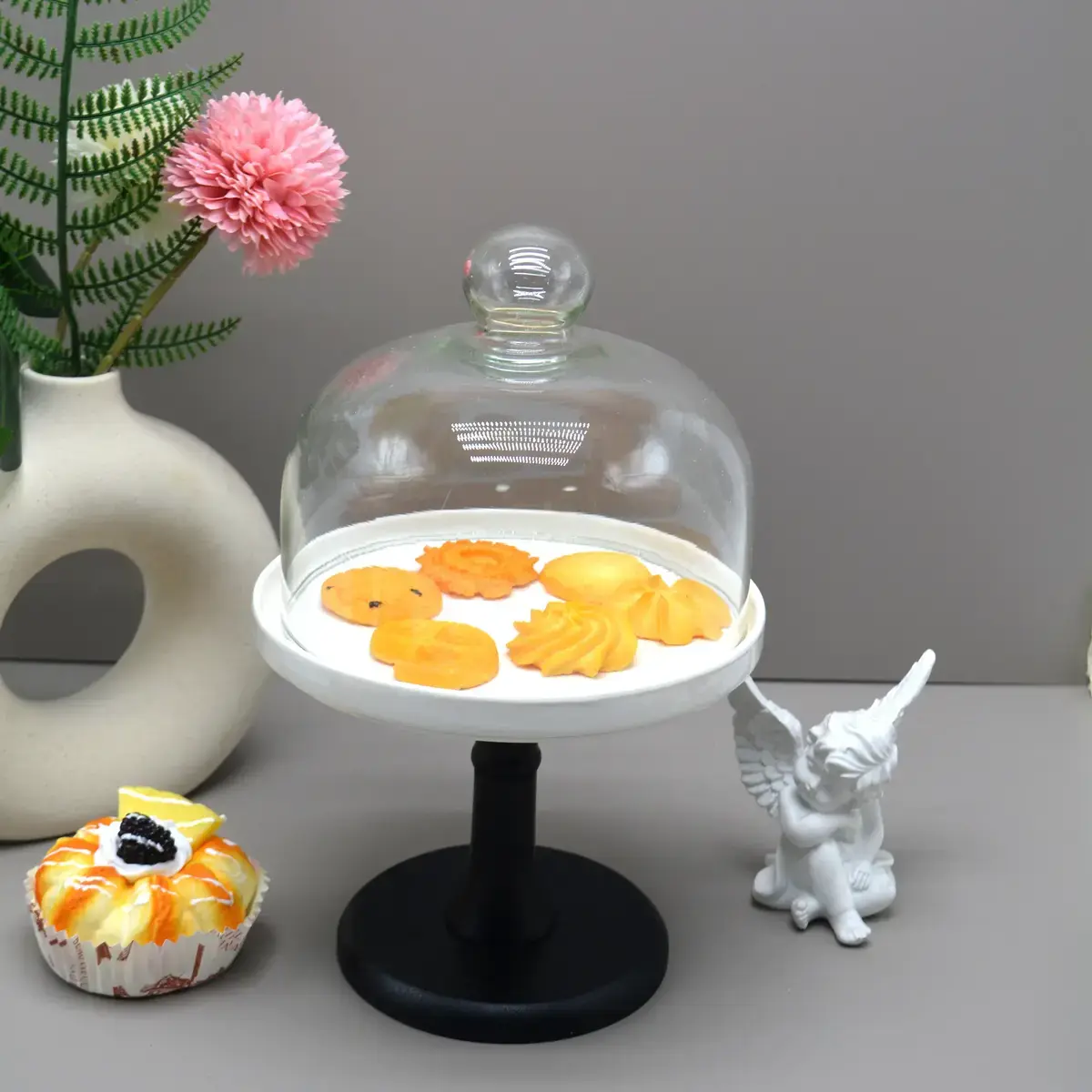 Cloche à gâteau en verre sur pied céramique ø 17,5 x H 26 cm - Présentoir gâteau sur pied - Blanc / Noir - Cloches à gâteaux, Présentoirs gâteaux-3