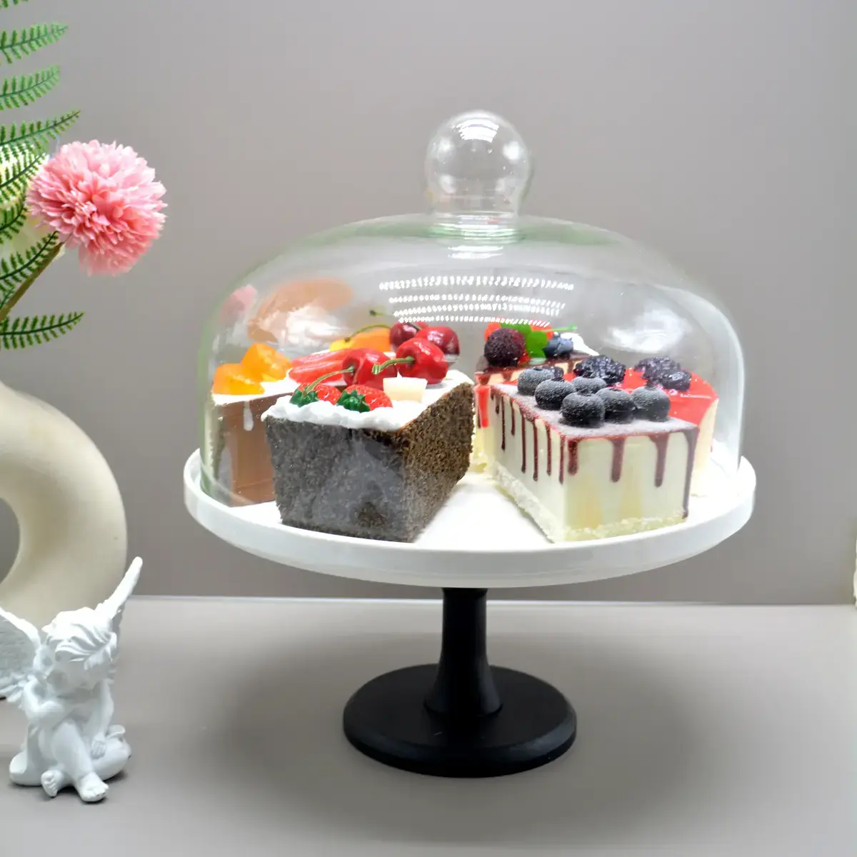 Cloche à gâteau en verre sur pied céramique ø 24 x H 28,5 cm - Présentoir gâteau sur pied - Blanc / Noir - Cloches à gâteaux, Présentoirs gâteaux-3