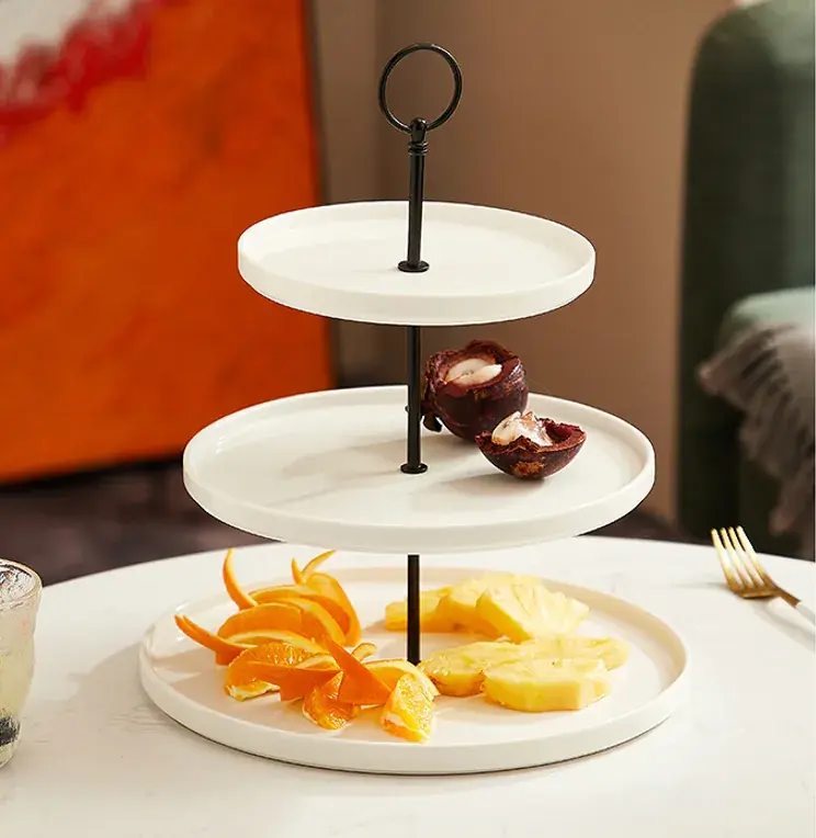 Présentoir à gâteaux 3 niveaux en céramique ø 28 / 24 / 17,5 x H 32 cm – Serviteur à gâteaux - Blanc - Cloches à gâteaux, Présentoirs gâteaux-2