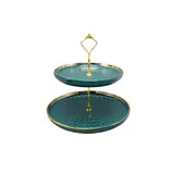 Présentoir à gâteaux 2 niveaux en céramique ø 25,5 / 20 x H 25 cm – Serviteur à gâteaux - Vert / Or - Emballage alimentaire