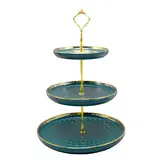 Présentoir à gâteaux 3 niveaux en céramique ø 25,5 / 20 / 15 x H 37 cm – Serviteur à gâteaux - Vert / Or - Emballage alimentaire